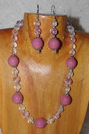 +MBAAC #03-0106  "One Of A Kind Pink & Clear Glass Bead Necklace & Earring Set"