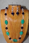 +MBAAC #03-0149  "One Of A Kind Green,DK Blue & Clear Glass Bead Necklace & Earring Set"