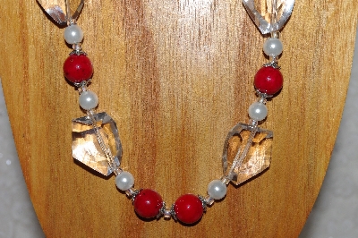 +MBAAC #03-0160  "One Of A Kind Red,White & Clear Glass Bead Necklace & Earring Set"