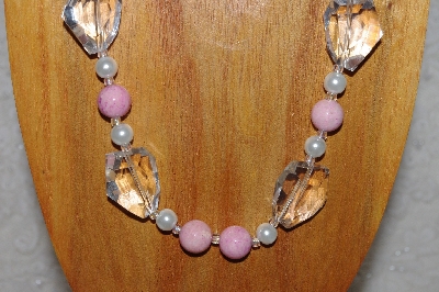 +MBAAC #03-0196  "One Of A Kind Pink,White & Clear Glass Bead Necklace & Earring Set"
