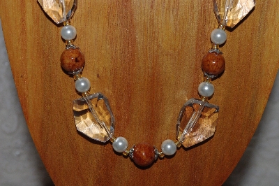+MBAAC #03-0209  "One Of A Kind Brown,White & Clear Glass Bead Necklace & Earring Set"