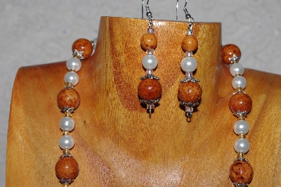 +MBAAC #03-0209  "One Of A Kind Brown,White & Clear Glass Bead Necklace & Earring Set"