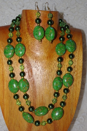 +MBADS #001-393  "Green  2 Strand Bead Necklace & Earring Set"