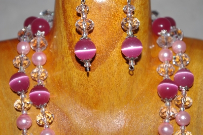 +MBADS #001-606  Pink & Clear Bead 2 Strand Necklace & Earring Set"