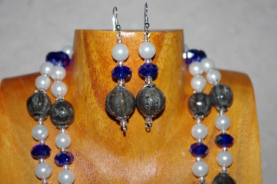 +MBADS #001-549  "Grey, Blue & White Bead Two Strand Necklace & Earring Set"