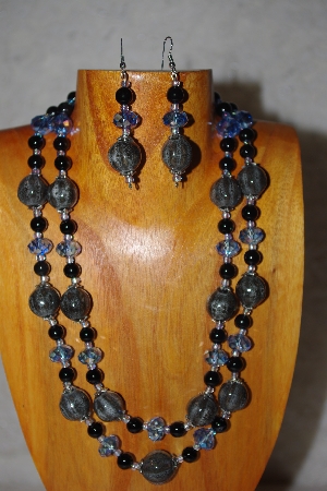 +MBADS #001-570  "Grey,Black & Blue Bead 2 Strand Necklace & Earring Set"