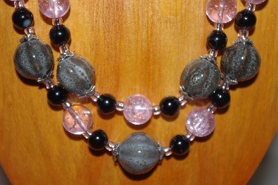 +MBADS #001-595 "Grey, Black & Pink Bead Two Strand Necklace & Earring Set"