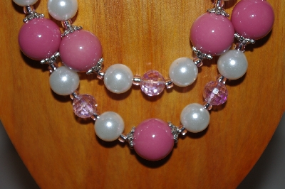 +MBADS #001-625  "Pink & White Bead Two Strand Necklace & Earring Set"
