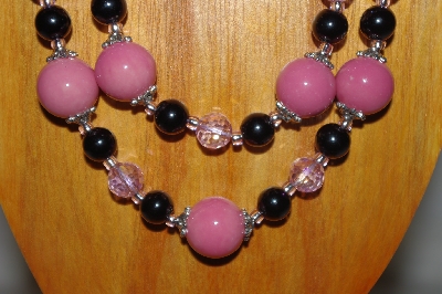 +MBADS #001-630  "Pink & Black Bead Two Strand Necklace & Earring Set"