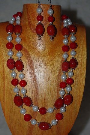 +MBADS #001-635  "Red & White Bead Double Strand Necklace & Earring Set"