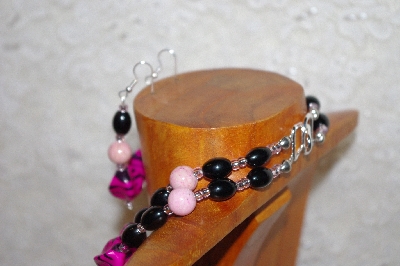 +MBADS #001-405  "Pink & Black Bead Double Strand Necklace & Earring Set"