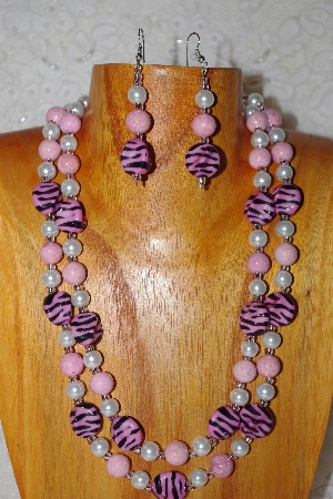+MBADS #001-410  "Pink & White Bead Double Strand Necklace & Earring Set"