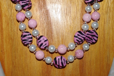 +MBADS #001-410  "Pink & White Bead Double Strand Necklace & Earring Set"