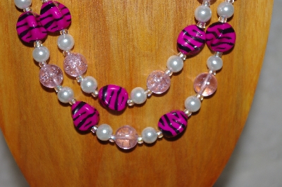 +MBADS #001-554  "Pink & White Bead Double Strand Necklace & Earring Set"