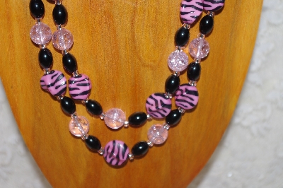 +MBADS #001-545  "Pink & Black Bead Double Strand Necklace & Earring Set"