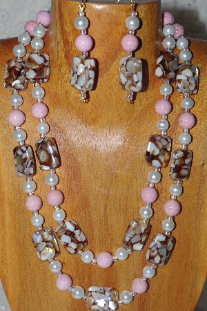 +MBADS #04-873  "Brown, Pink & White Bead Necklace & Earring Set"
