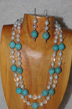 +MBADS #05-0093  "Blue, Clear & White Bead Necklace & Earring Set"