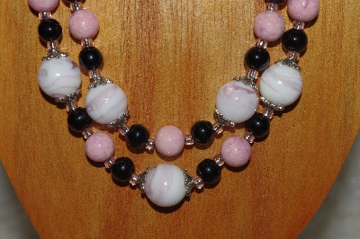 +MBADS #05-0055  "Pink & Black Bead Necklace & Earring Set"