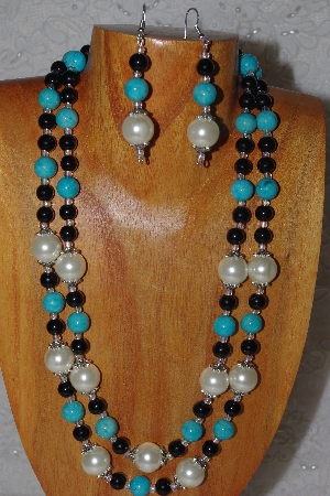 +MBADS #05-0075  "Ivory, Blue & Black Bead Necklace & Earring Set"