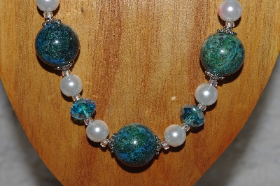+MBASS #0003-231  "Green, Blue & White Bead Necklace & Earring Set"