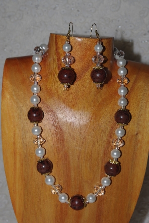 +MBASS #0003-274  "Brown, Clear & White Bead Necklace & Earring Set"
