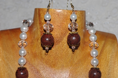 +MBASS #0003-274  "Brown, Clear & White Bead Necklace & Earring Set"
