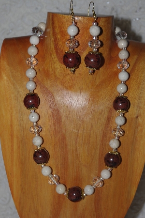 +MBASS #0003-268  "Brown, White & Clear Bead Necklace & Earring Set"