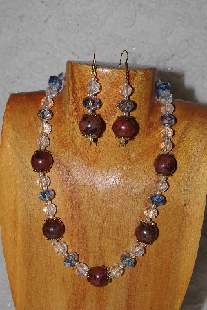 +MBASS #0003-249  "Brown, Clear & Blue Bead Necklace & Earring Set"