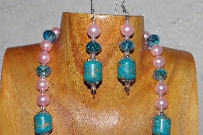 +MBASS #0003-292  "Pink & Blue Bead Necklace & Earring Set"