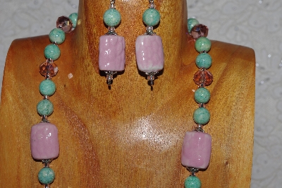 +MBASS #0003-0189  "Pink & Green Bead Necklace & Earring Set"