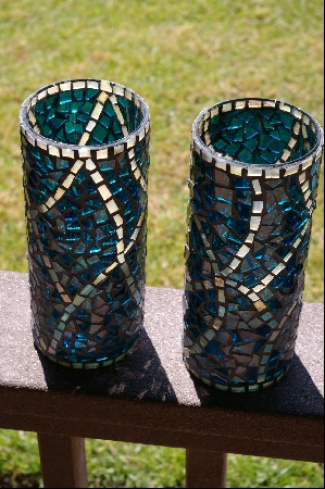 +MBA #3-003   " Set Of 2 Blue Stained Glass Candle Holders