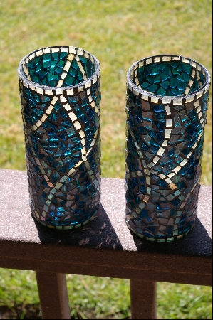 +MBA #3-003   " Set Of 2 Blue Stained Glass Candle Holders