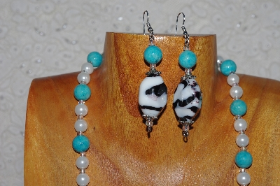 +MBASS #0003-0030  "Black, Blue & White Bead Necklace & Earring Set"