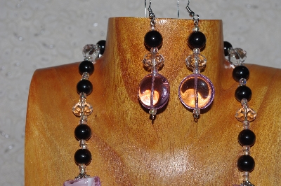 +MBASS #0003-0074  "Pink, Black & Clear Bead Necklace & Earring Set"