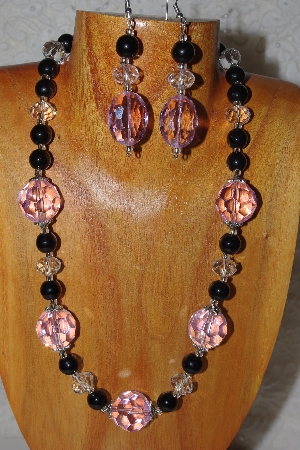 +MBAHB #58-130  "Pink,Black & Clear Bead Necklace & Earring Set"