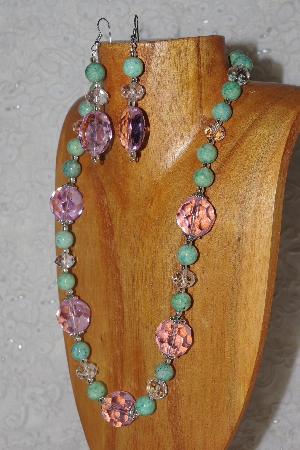 +MBAHB #58-107  "Pink,Green & Clear Bead Necklace & Earring Set"