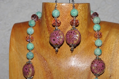 +MBAHB #58-0008  "Pink & Green Bead Necklace & Earring Set"