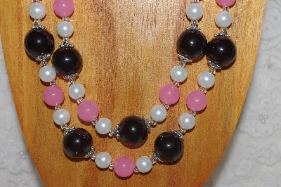 +MBAHB #58-0141  "White,Pink & Black Bead Necklace & Earring Set"