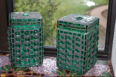 +MBA #0062  "Set Of 2 Green Stained Glass Canisters