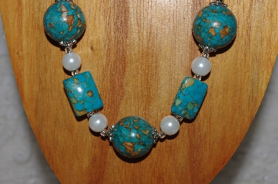 +MBAMG #100-0260  "Blue & White Bead Necklace & Earring Set"