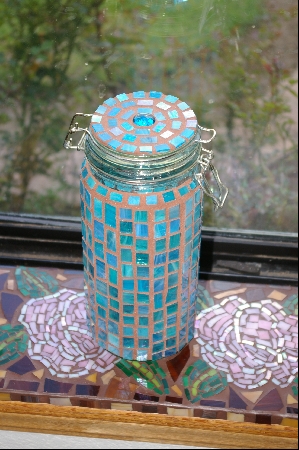 +MBA #3-027  "Tall Turquoise Blue Stained Glass Canister