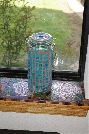 +MBA #3-027  "Tall Turquoise Blue Stained Glass Canister