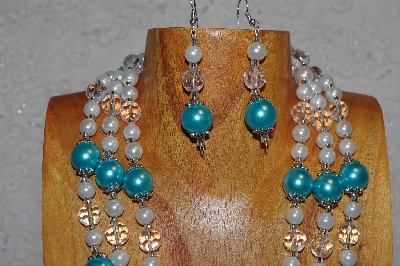 +MBAHB #33-0168  "Blue Shell Pearl & Mixed Bead Necklace & Earring Set"