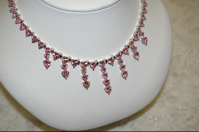 +MBA #  70 Stone Pink CZ Heart Necklace W/Matching 2 Heart Pierced Earrings