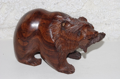 +MBANG #524-0210  "Fancy Hand Carved & Finished Rose Wood Bear  W/Fish"