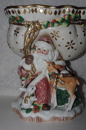 +MBACF #00010-0014  "1990's Fitz & Floyd Snowy Woods Footed Ceramic Christmas  Compote"