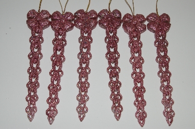 +MBA #S29-279  "Older Set Of 18 Clear Acrylic Pink Glittered Bow Icicle Ornaments"