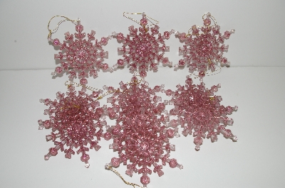 +MBA #S29-257  "1980's Set Of 10 Clear Acrylic Pink Glittered Snow Flake Ornaments"