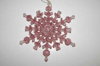 +MBA #S29-257  "1980's Set Of 10 Clear Acrylic Pink Glittered Snow Flake Ornaments"