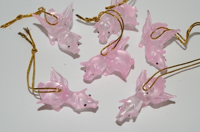 +MBA 9-112  "Set Of 6 Hand made Pink Glass Flying Pig Ornaments"